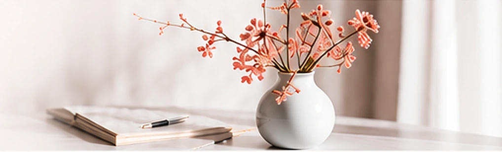 Blüten in einer Vase neben einem Notizbuch